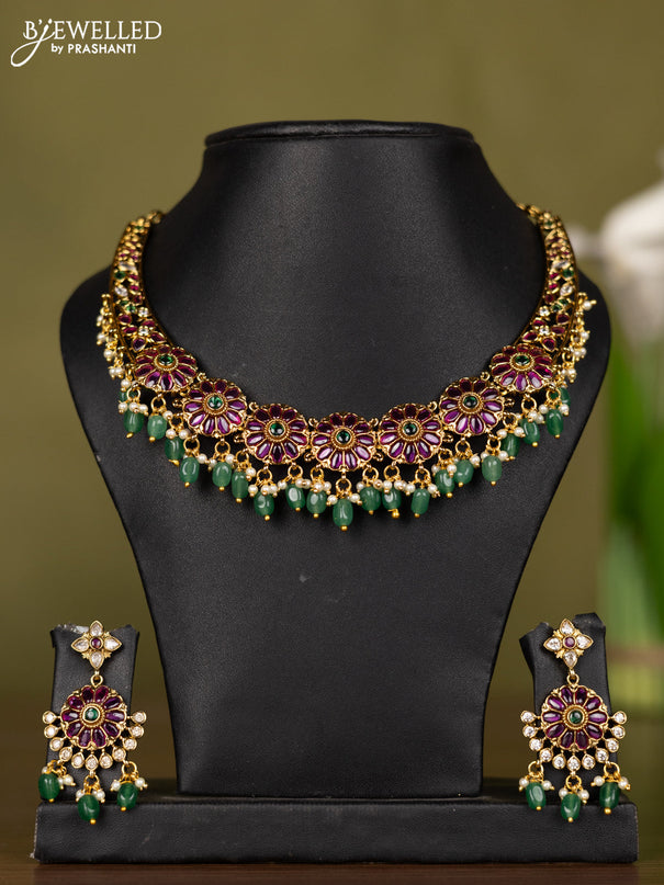 Antique necklace floral design with kemp & cz stones and pearl & mint green beads hangings