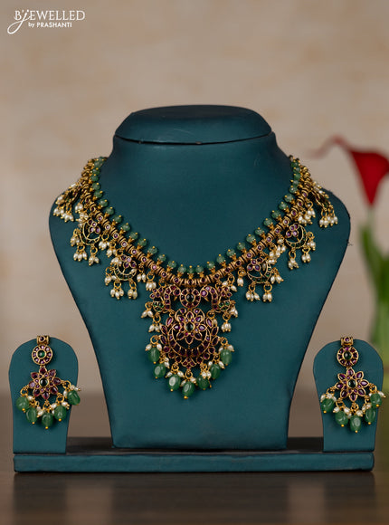 Antique guttapusalu necklace with kemp stones and pearl & mint green beads hangings