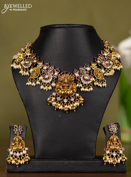 Antique necklace with kemp & kundan stones and pearl & golden beads hangings