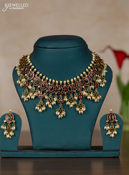 Antique guttapusalu necklace with kemp & cz stones and pearl hangings
