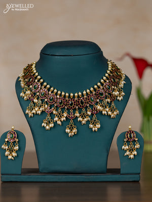 Antique guttapusalu necklace with kemp & cz stones and pearl hangings