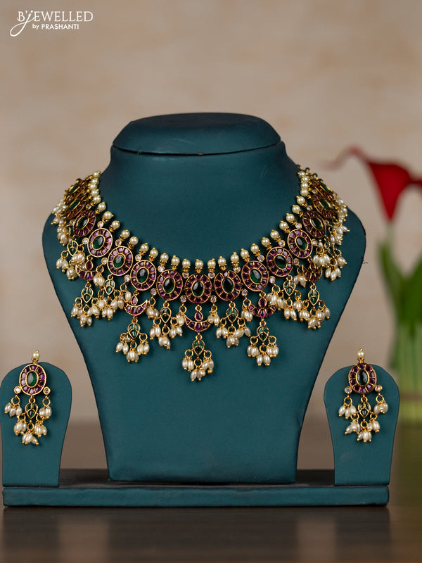 Antique guttapusalu necklace with kemp & cz stones and pearl hangings