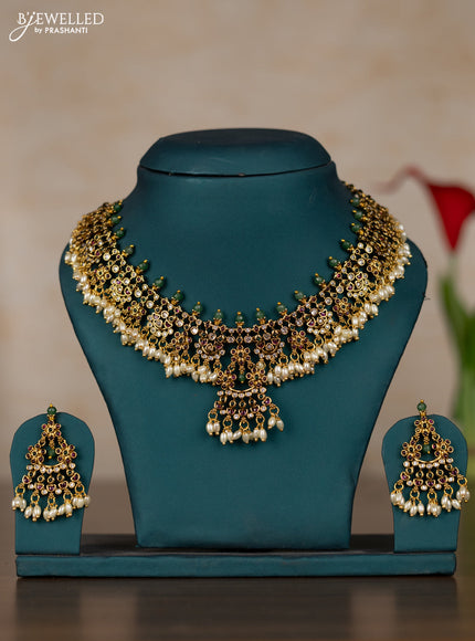 Antique guttapusalu necklace with kemp & cz stones and pearl hangings
