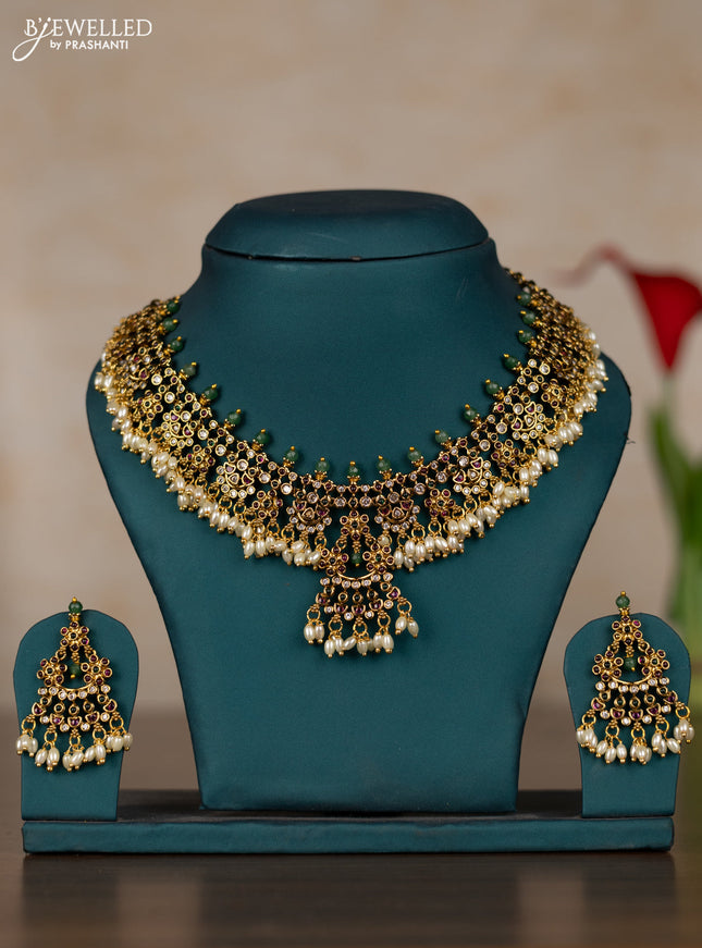 Antique guttapusalu necklace with kemp & cz stones and pearl hangings