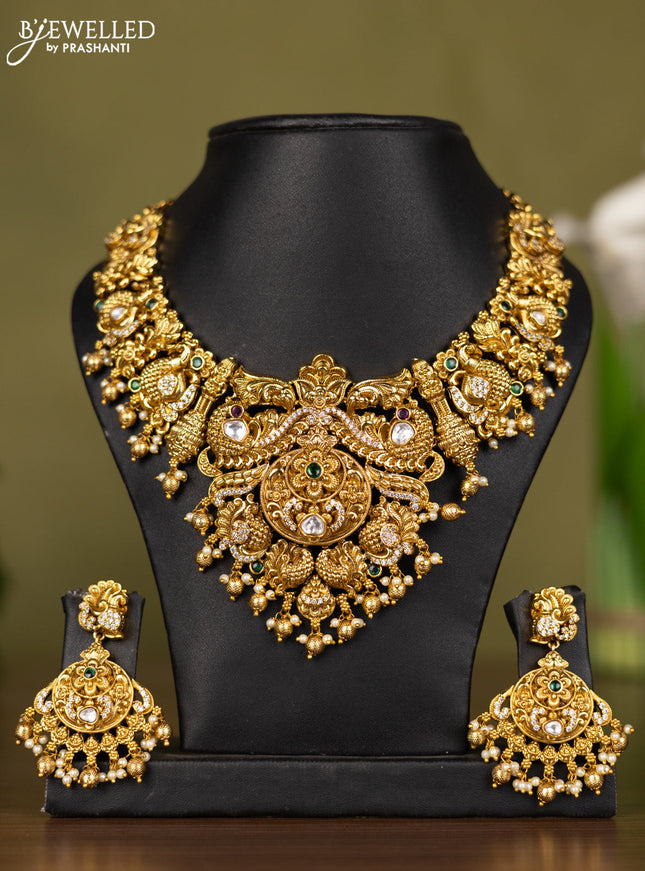 Antique necklace peacock design with kemp & kundan cz stones and pearl & golden beads hangings