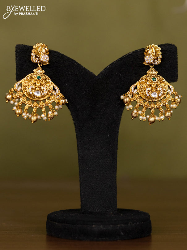 Antique necklace peacock design with kemp & kundan cz stones and pearl & golden beads hangings