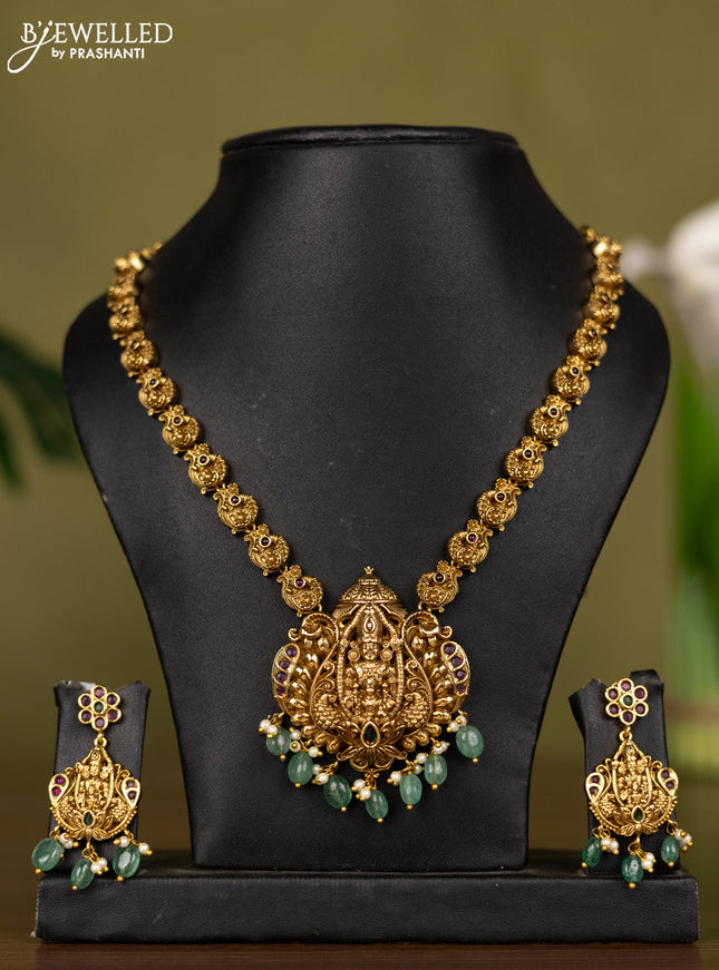 Antique necklace lakshmi design with kemp stones and pearl & mint green beads hangings