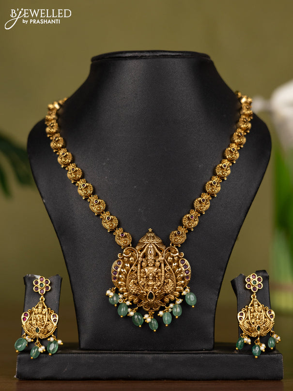 Antique necklace lakshmi design with kemp stones and pearl & mint green beads hangings