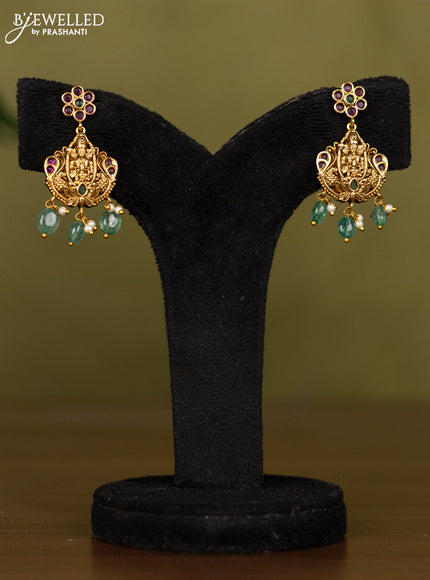 Antique necklace lakshmi design with kemp stones and pearl & mint green beads hangings