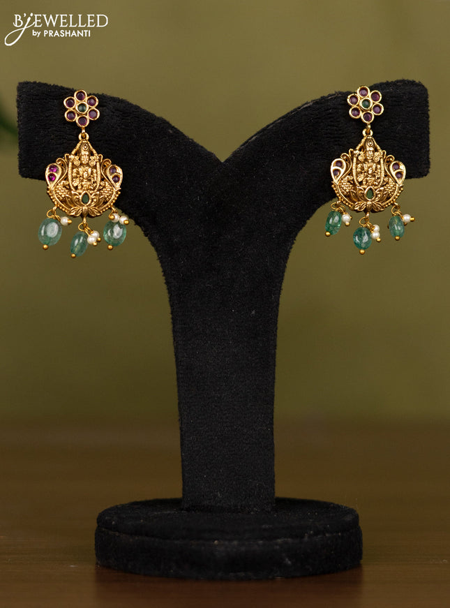 Antique necklace lakshmi design with kemp stones and pearl & mint green beads hangings