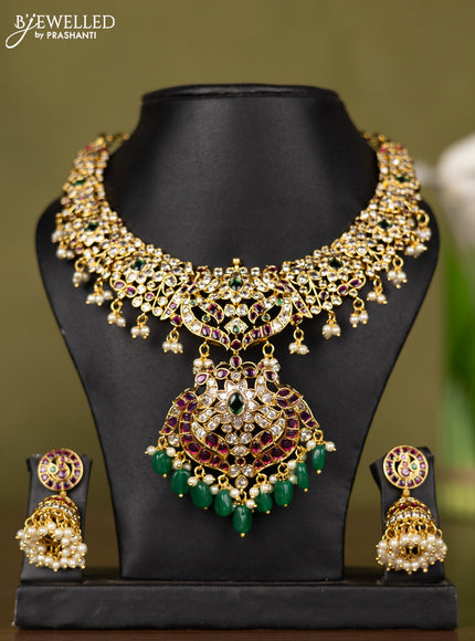 Antique necklace with kemp & kundan stones and pearl & green beads hangings