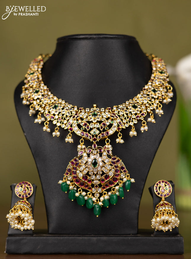 Antique necklace with kemp & kundan stones and pearl & green beads hangings