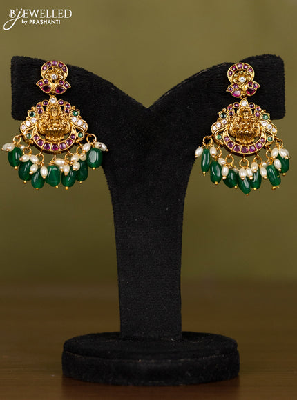 Antique necklace lakshmi design with kemp & kundan stones and pearl & green beads hangings