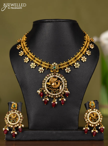 Antique necklace peacock & floral design with kemp & cz stones and pearl & pink beads hangings