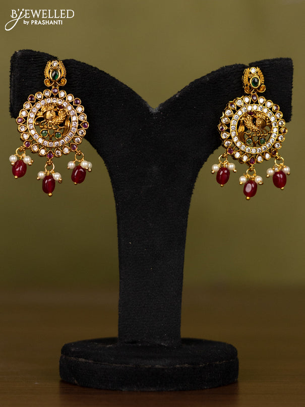 Antique necklace peacock & floral design with kemp & cz stones and pearl & pink beads hangings