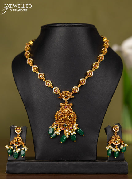 Antique necklace lakshmi design with kemp & cz stones and pearl & green beads hangings