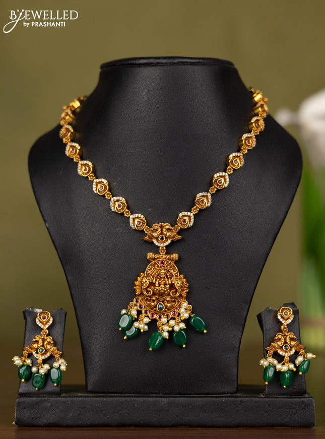 Antique necklace lakshmi design with kemp & cz stones and pearl & green beads hangings