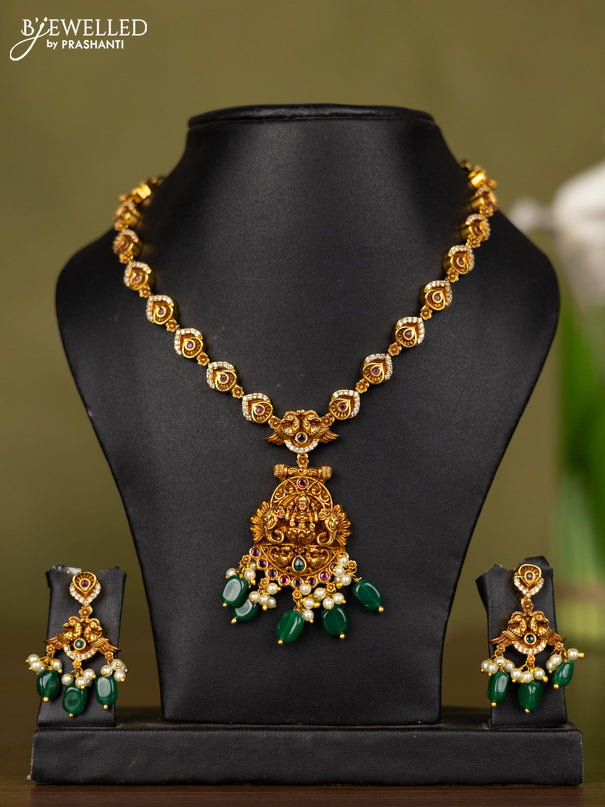 Antique necklace lakshmi design with kemp & cz stones and pearl & green beads hangings