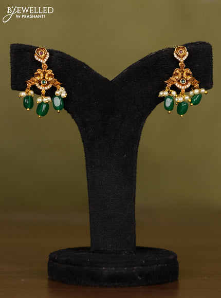 Antique necklace lakshmi design with kemp & cz stones and pearl & green beads hangings
