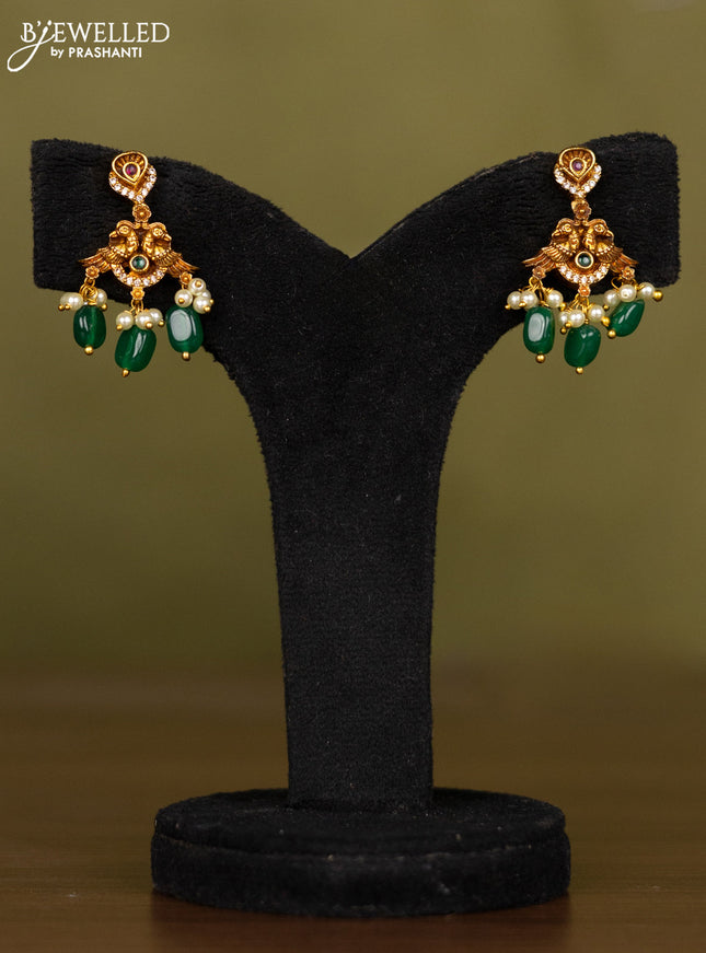 Antique necklace lakshmi design with kemp & cz stones and pearl & green beads hangings