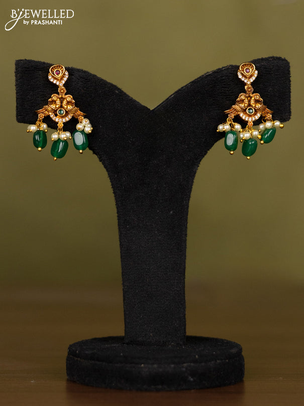 Antique necklace lakshmi design with kemp & cz stones and pearl & green beads hangings