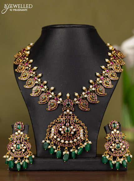 Antique necklace manga pattern with kemp & cz stones and pearl & green beads hangings