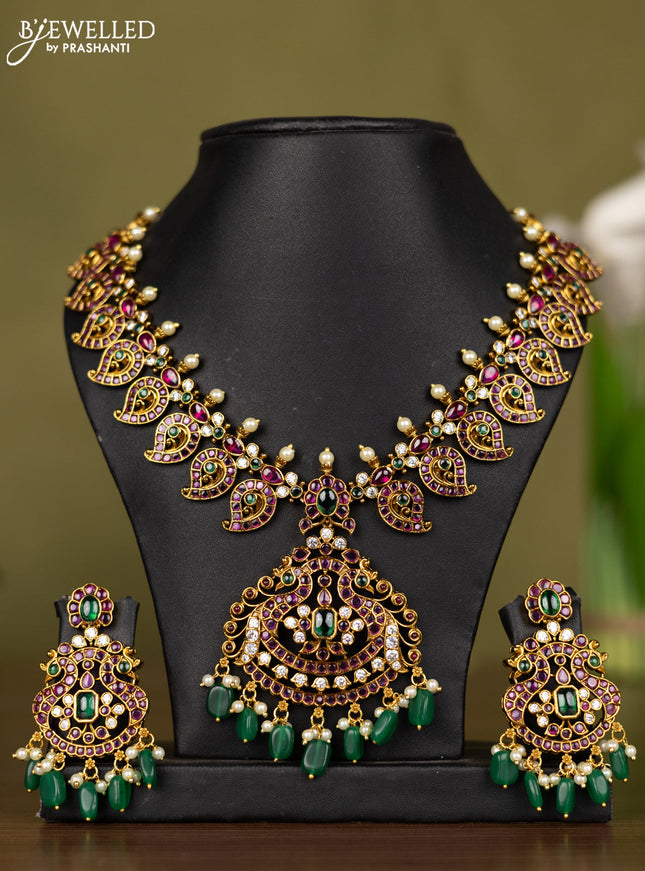 Antique necklace manga pattern with kemp & cz stones and pearl & green beads hangings
