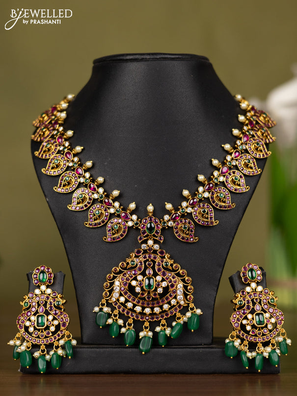 Antique necklace manga pattern with kemp & cz stones and pearl & green beads hangings