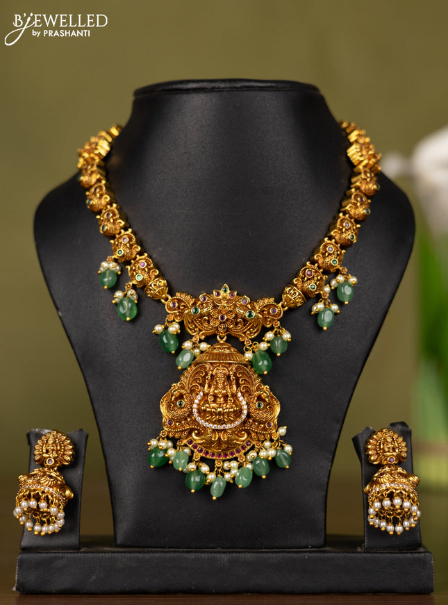 Antique necklace lakshmi design with kemp & cz stones and pearl & mint green beads hangings