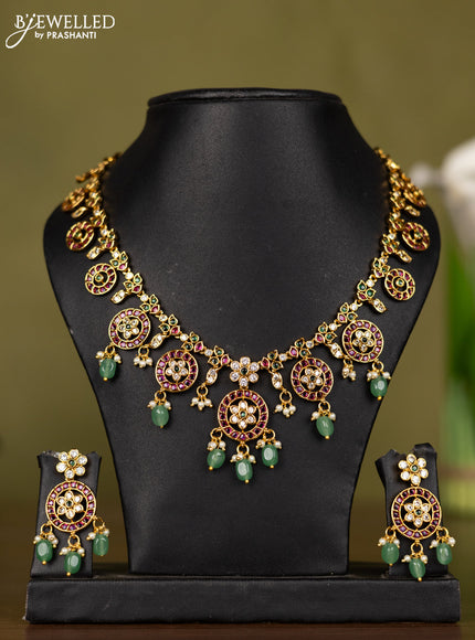 Antique necklace floral design with kemp & cz stones and pearl & mint green beads hangings