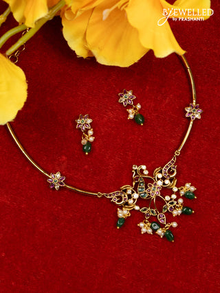 Antique ring type choker peacock design with kemp & cz stones and pearl & green beads hangings