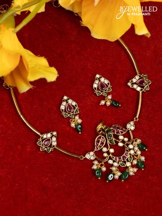 Antique ring type choker peacock design with kemp & cz stones and pearl & green beads hangings