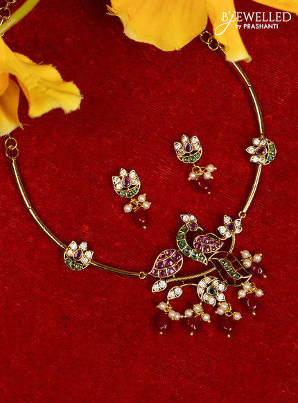Antique ring type choker peacock design with kemp & cz stones and pearl & green beads hangings
