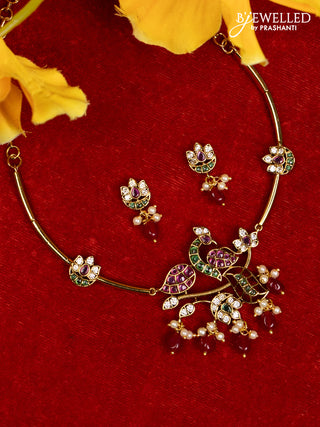 Antique ring type choker peacock design with kemp & cz stones and pearl & green beads hangings
