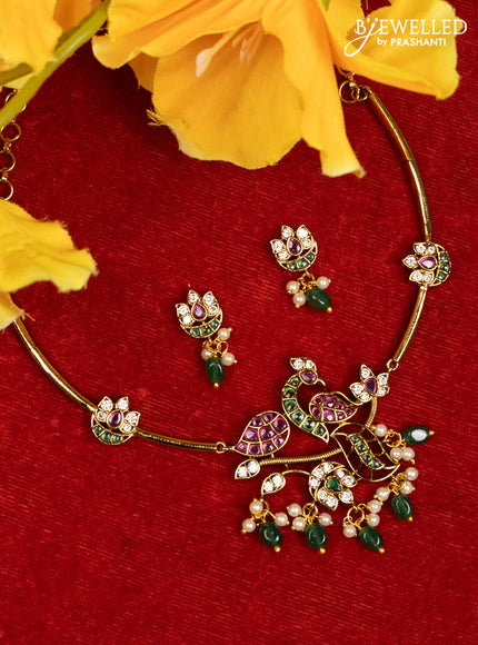 Antique ring type choker peacock design with kemp & cz stones and pearl & green beads hangings