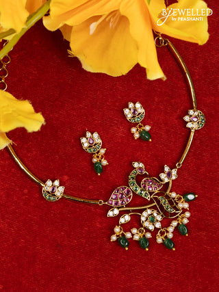 Antique ring type choker peacock design with kemp & cz stones and pearl & green beads hangings