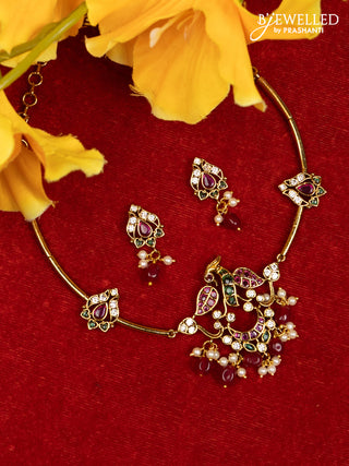 Antique ring type choker peacock design with kemp & cz stones and pearl & green beads hangings