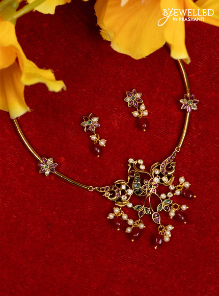 Antique ring type choker peacock design with kemp & cz stones and pearl & green beads hangings