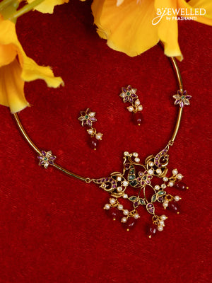 Antique ring type choker peacock design with kemp & cz stones and pearl & green beads hangings
