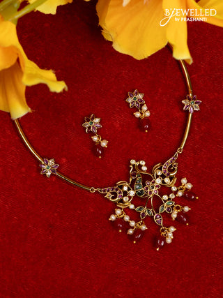 Antique ring type choker peacock design with kemp & cz stones and pearl & green beads hangings
