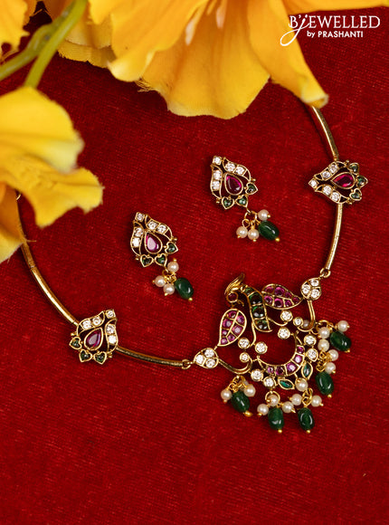 Antique ring type choker peacock design with kemp & cz stones and pearl & green beads hangings