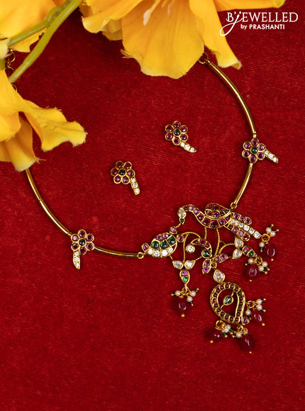 Antique ring type choker peacock design with kemp & cz stones and pearl & green beads hangings