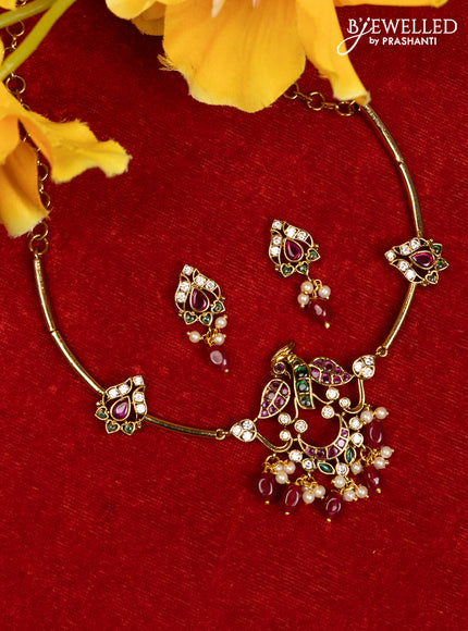 Antique ring type choker peacock design with kemp & cz stones and pearl & green beads hangings