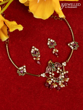 Antique ring type choker peacock design with kemp & cz stones and pearl & green beads hangings