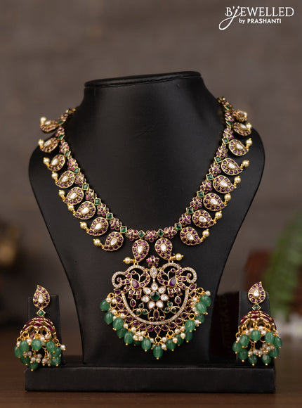 Necklace manga pattern with kundan stones and natural beads & prearl hangings in victorian finish