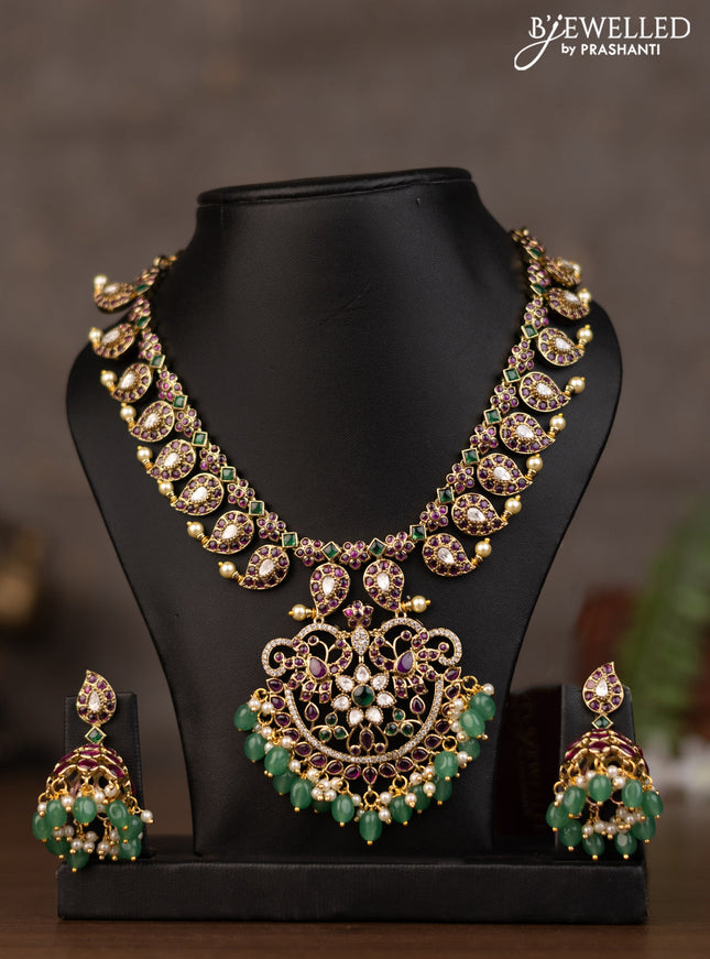 Necklace manga pattern with kundan stones and natural beads & prearl hangings in victorian finish