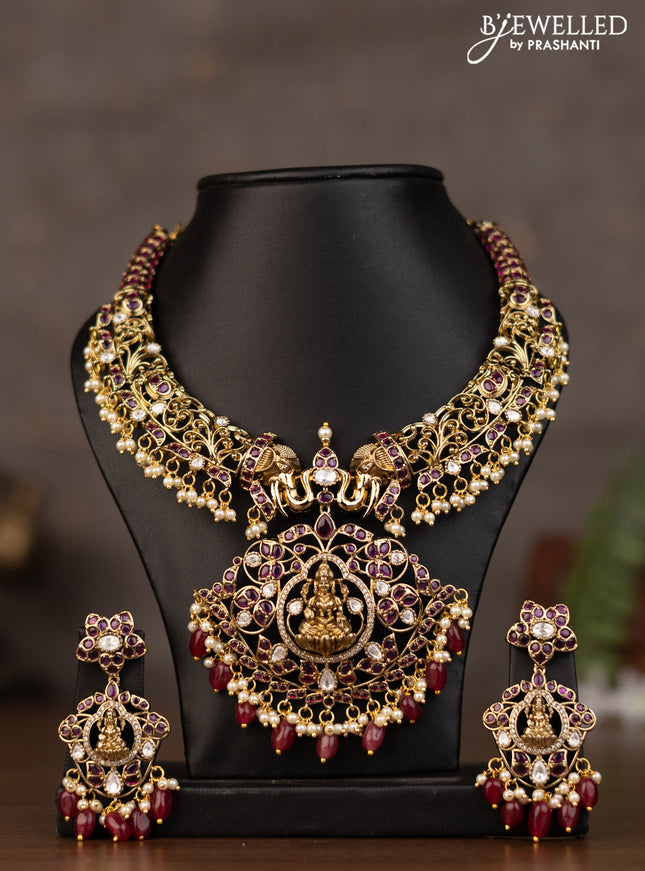 Necklace lakshmi pendant with kundan stones and natural beads & pearl hangings in victorian finish