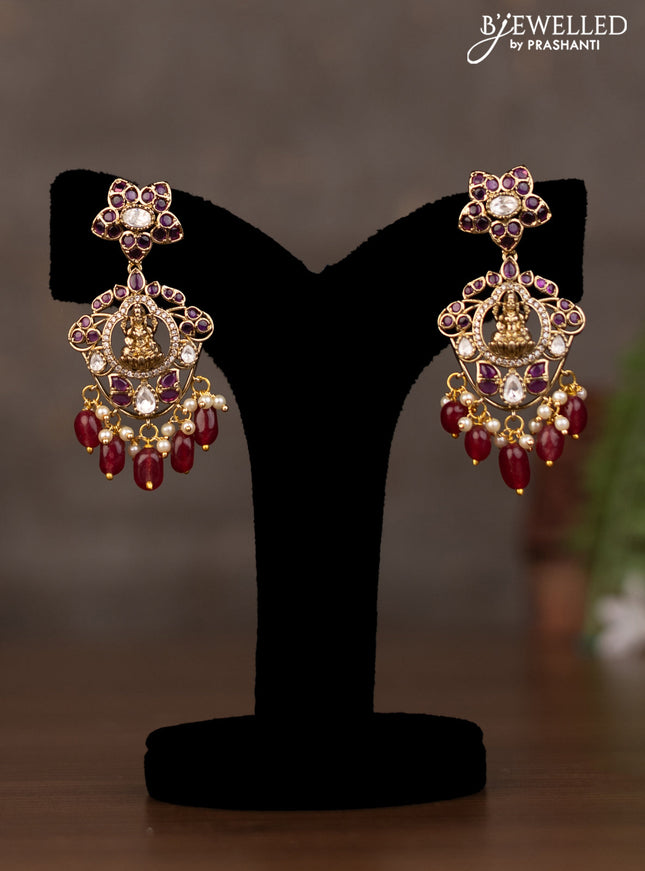 Necklace lakshmi pendant with kundan stones and natural beads & pearl hangings in victorian finish