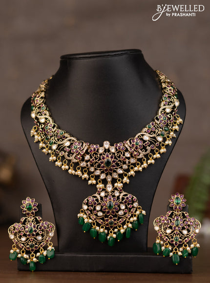 Necklace with kundan stones and natural beads & pearl hangings in victorian finish