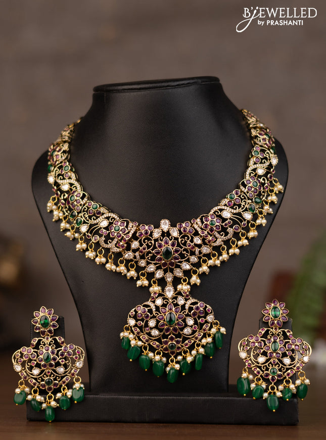 Necklace with kundan stones and natural beads & pearl hangings in victorian finish